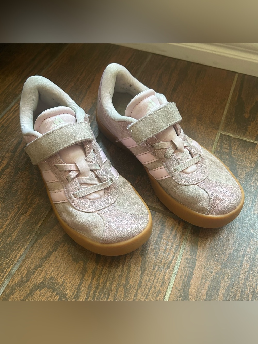 Girls pink shimmery adidas slip ons size 2.5